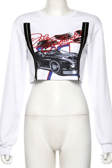 Ladies White Fashion Letter Car Printed Double Zipper Embellished Long Sleeve Cropped Sweatshirt