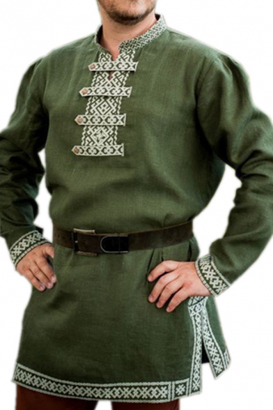 Men's Medieval Retro Floral Trim Long-Sleeve Button Front Side Split Loose Fit Henley Shirt
