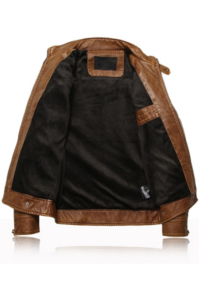 Mens Fashionable Brown Long Sleeve Stand Collar Zip Closure PU Leather Biker Jacket