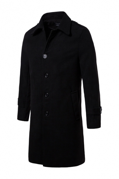 Mens Simple Plain Long Sleeve Lapel Collar Single Breasted Longline Wool Coat Overcoat with Pocket