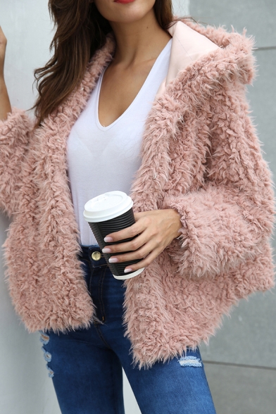 New Stylish Plain Long Sleeve Faux Fur Teddy Short Coat with Hood for Women