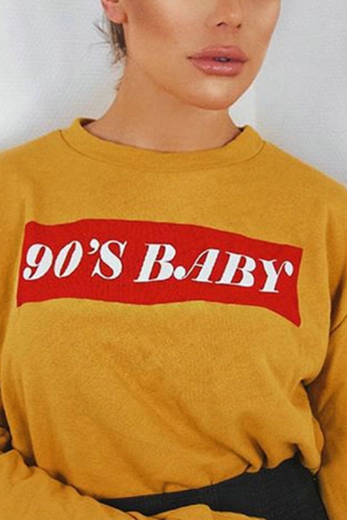 Stylish Yellow 90'S BABY Letter Printed Long Sleeve Casual Cropped Sweatshirt
