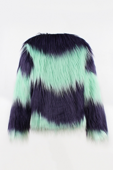 Winter Popular Color Block Striped Long Sleeve Faux Fur Two-Tone Short Warm Coat