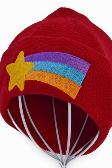 Winter Popular Red Star Rainbow Embroidery Cuffed Knit Cap Beanie Hat