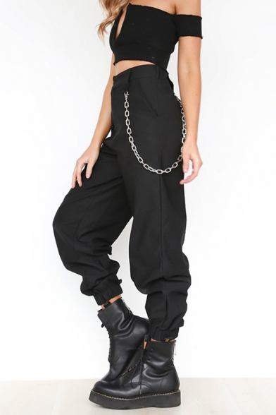 Womens Active High Waist Chain Decoration Plain Streetwear Casual Harem Pants