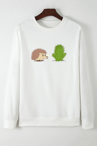 Womens Casual Hedgehog and Cactus Pattern Long Sleeve Pullover Sweatshirt
