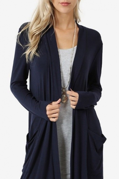 Womens Casual Solid Long Sleeve Open Front Tunic Loose Duster Cardigan with Pocket
