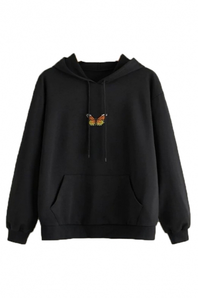 Womens Classic Butterfly Pattern Long Sleeve Loose Drawstring Hoodie with Pocket