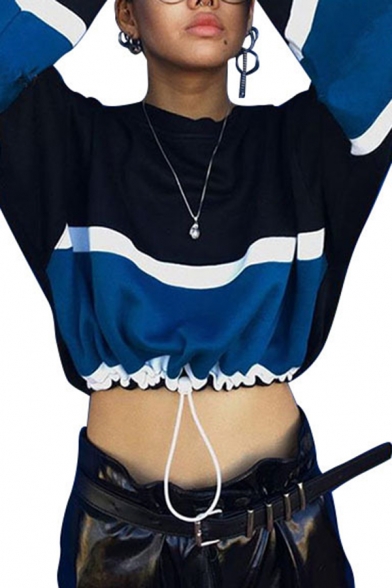 

Womens Cool Colorblocked Panel Crewneck Long Sleeve Drawstring Hem Cropped Pullover Sweatshirt, LM567280