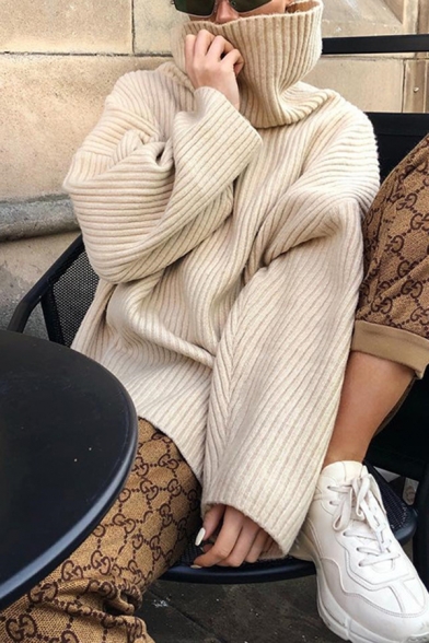 

Womens Fashion Beige Plain Loose High Collar Long Sleeve Dipped Hem Ribbed Knit Pullover Sweater, LM567682