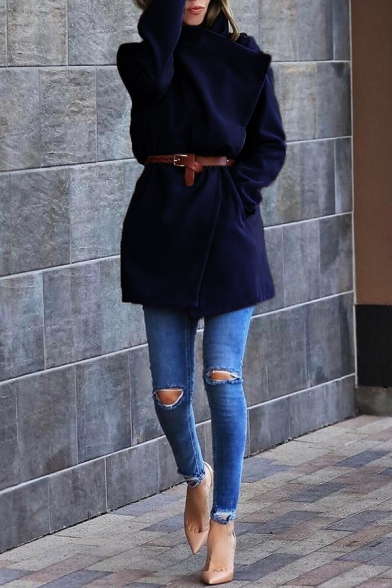 Womens Fashion Lapel Collar Long Sleeve Plain Longline Wool Coat with Pocket