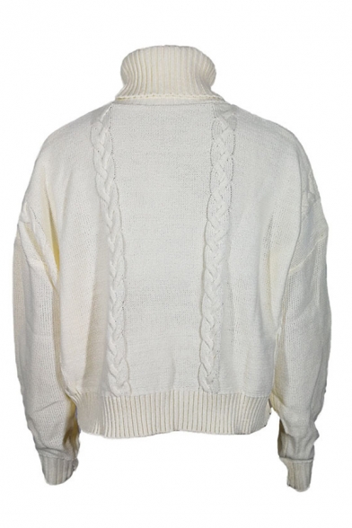 Womens Fashion Turtleneck Batwing Sleeve White Cable Knit Short Slouchy Pullover Sweater