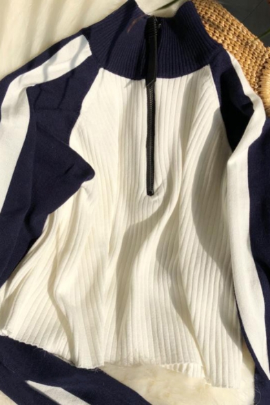 Womens Fashion White Stripe Panel Long Sleeve Half Zip Slim Fit Ribbed Knit Short Sweater Sweatshirt