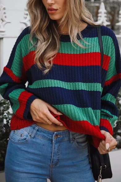 Womens Fashionable Stripes Printed Long Sleeve Round Neck Loose Fit Knitted Pullover Sweater