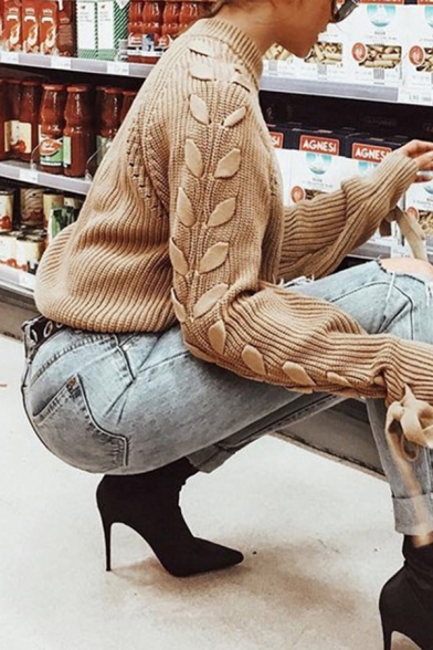 Womens Khaki Designer Lace Up Long Sleeve Regular Chunky Warm Pullover Sweater