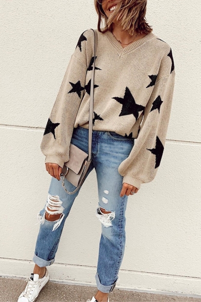 Womens Leisure Black Stars Pattern V Neck Lantern Long Sleeve Khaki Loose Pullover Sweater