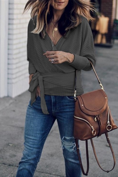 Womens New Trendy Long Sleeve V-Neck Tied Side Plain Surplice Sweater Top