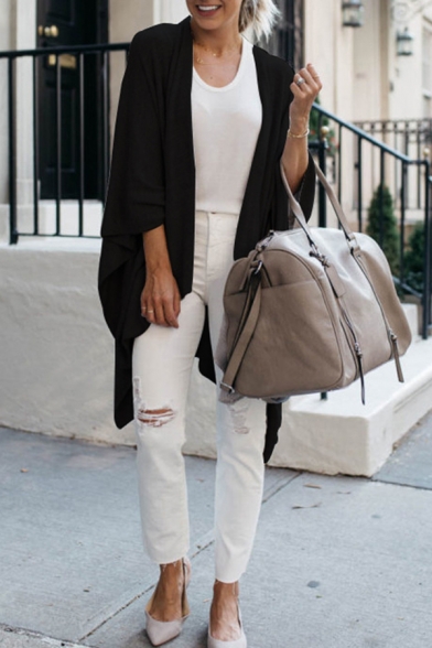 Womens Plain Fashion Irregular Hem Longline Oversized Knit Cape Cardigan