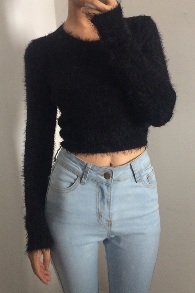 Womens Simple Round Neck Long Sleeve Cropped Fluffy Knit Slim Fit Plain Pullover Sweater Top