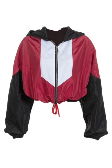 Womens Sportive Color-Block Long Sleeve O-Ring Zip Up Drawstring Hem Hooded Crop Windbreaker Jacket