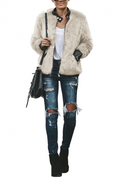 Womens Warm Snap Button Stand Collar Long Sleeve Flap Pocket PU Leather Patch Trim Zip Up Apricot Faux Fur Jacket Coat