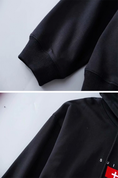 Black Popular SUISSE Letter Flag Pattern Long Sleeve Kangaroo Pocket Loose Drawstring Hoodie
