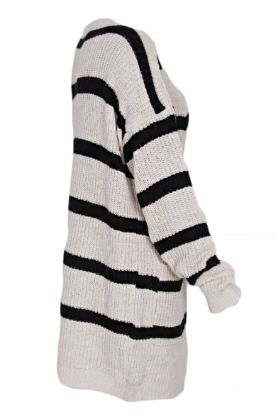 Casual Color Block Stripes Long Sleeve Oversized Chunky Knit Cardigan