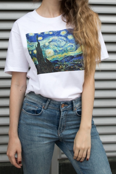 Famous Oil Painting Printed Short Sleeve Round Neck Loose White Tee Top