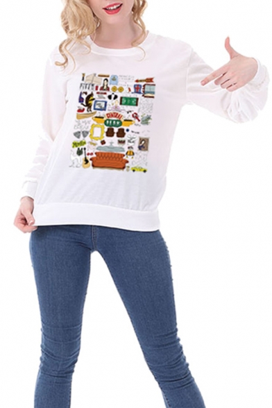 

Fancy Cartoon Pattern Printed Long Sleeve White Slim Fit Pullover Sweatshirt, LC567450