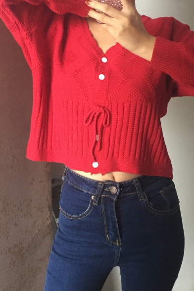 Girls Cute Bow-Tied Long Sleeve Crochet Detail Button Down Loose Fit Plain Short Knit Cardigan Coat