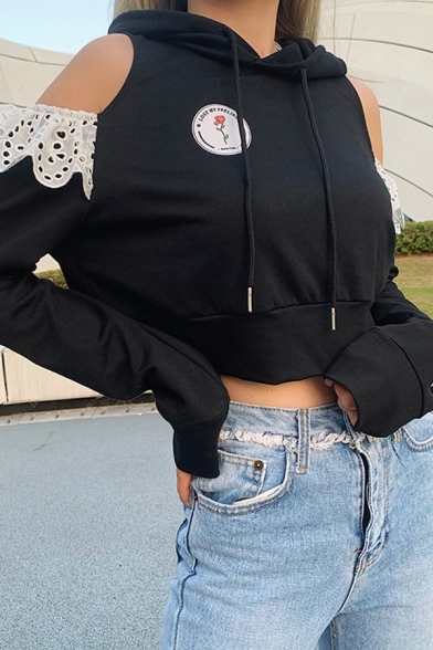 Girls Fashion Red Rose Logo Print Cold Shoulder Lace Trimmed Long Sleeve Cropped Fitted Black Hoodie Top