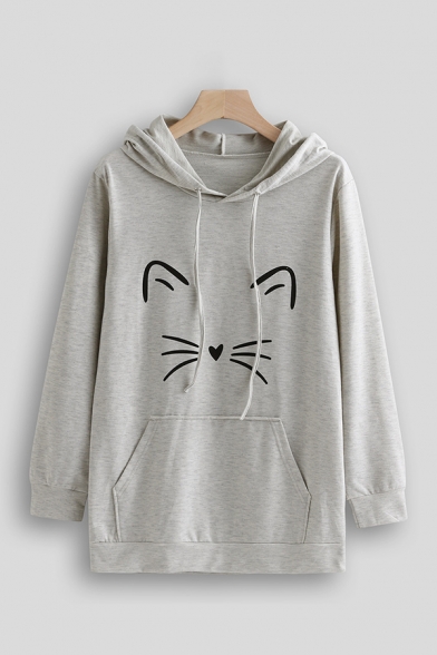 Girls Lovely Cat Pattern Long Sleeve Pouch Pocket Baggy Drawstring Hoodie