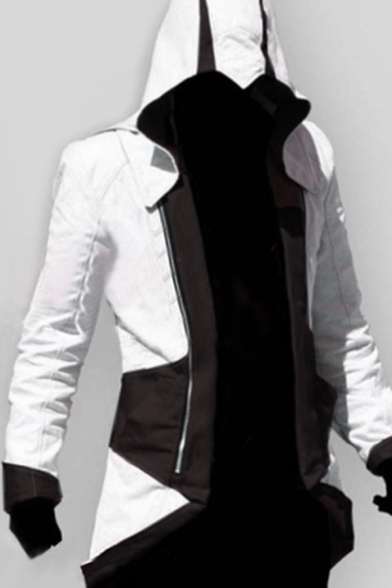 Halloween Mens Colorblock Double Zipper Swallow-Tailed Longline Cosplay Costume Outwear Hooded Jacket Coat