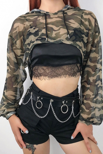Hot Popular Camo Printed Long Sleeve Loose Sheer Gauze Cropped Drawstring Hoodie