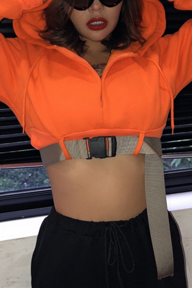 Hot Popular Orange Zipper Front Push Buckle Belt Cropped Hoodie for Women