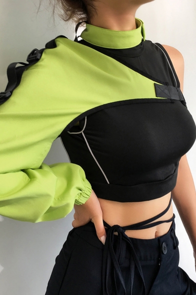 Ladies Hot Popular Street Punk Reflective One Shoulder Irregular Cargo Crop Top Sweatshirt