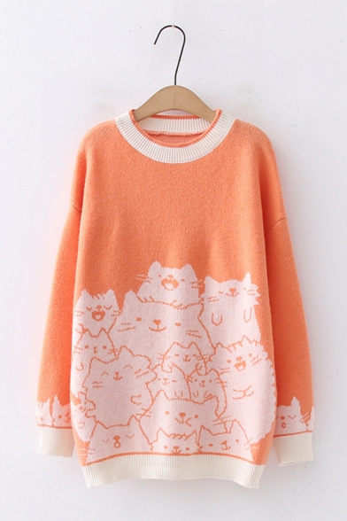 Lovely Cartoon Pig Printed Long Sleeve Contrast Trim Boxy Casual Pullover Knitted Sweater
