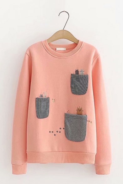 Lovely Cats Patched Pocket Long Sleeve Round Neck Thick Casual Pullover Sweatshirt