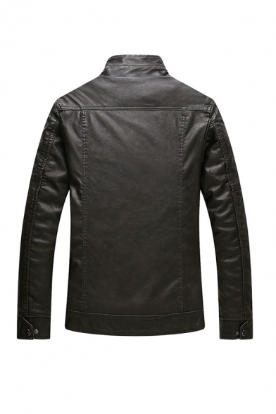 Mens Casual High Neck Long Sleeve Zip Up Teddy Lined PU Leather Trucker Jacket with Pocket