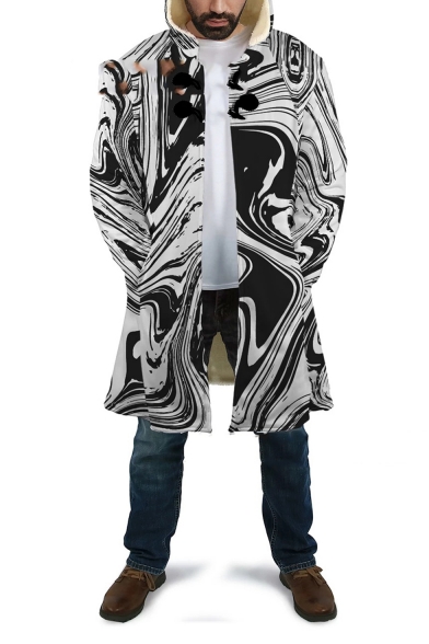 Mens Popular 3D Printed Long Sleeve Open Front Longline Thick Hooded Trench Coat