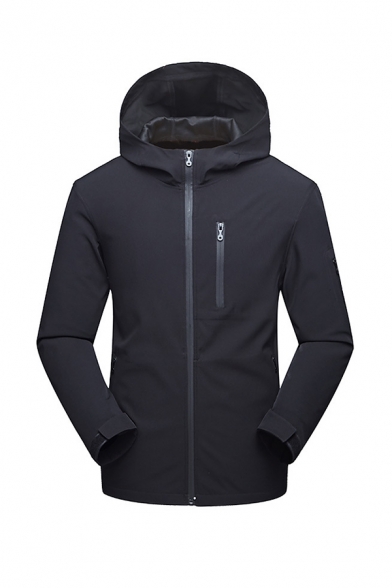 Mens Popular Solid Long Sleeve Full Zip Casual Windproof Hooded Windbreaker Outdoor Jacket