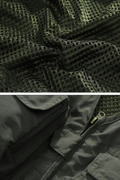 Mens Simple V-Neck Sheer Mesh Panel Zip Closure Multi-Pocket Dry Quickly Army Green Oversized Military Vest