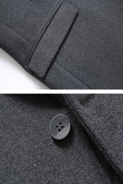 Mens Stylish Plain Peak Collar Long Sleeve Single Breasted Flap Pocket Longline Woolen Coat