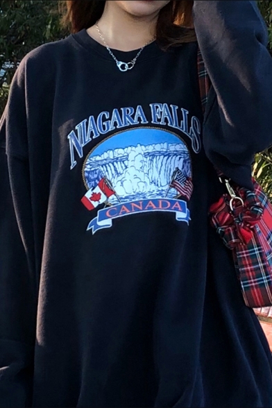 Navy Funny Letter NIAGARA FALLS Printed Long Sleeve Crewneck Oversized Pullover Graphic Sweatshirt