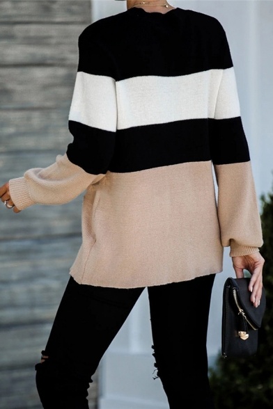 New Colorblock Wide Stripes Printed Long Sleeve Loose Apricot Pullover Sweater Knitwear Top