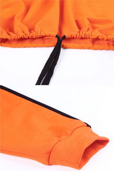 Orange Color Block Tape Long Sleeve Half Zipper Drawstring Hem Casual Cropped Sweatshirt