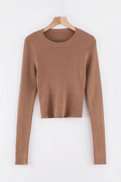 Popular Solid Color Crew Neck Long Sleeve Slim Fit Ribbed Knit Top Cropped Sweater