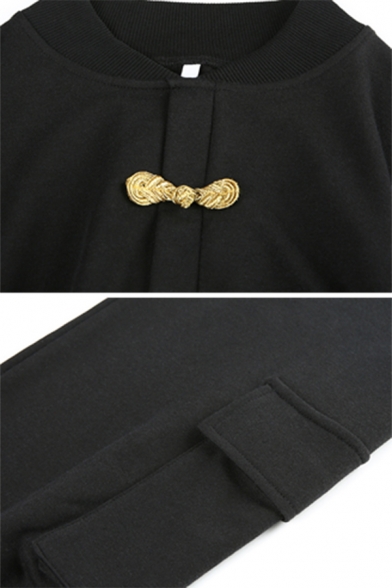 Retro Black Stand Collar Flap Pocket Long Sleeve Frog Button Drawstring Hem Cropped Sweatshirt