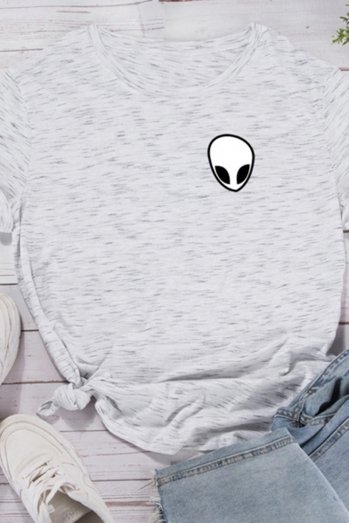 Simple Alien Printed Chest Rolled Up Short Sleeve Round Neck Oversized Casual T-Shirt