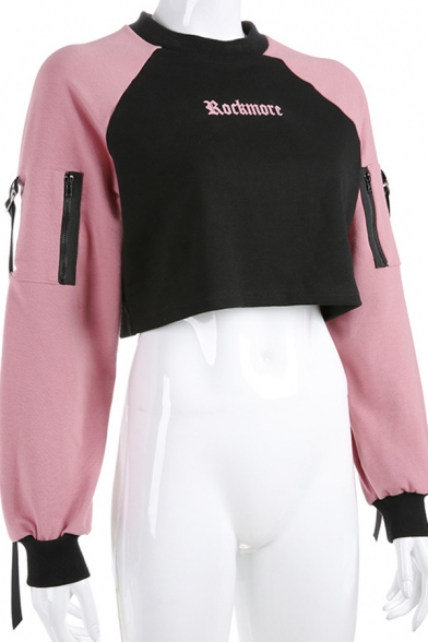 Simple ROCKMORE Letter Printed Raglan Long Sleeve Zipper Ribbon Embellished Pink and Black Cropped Sweatshirt